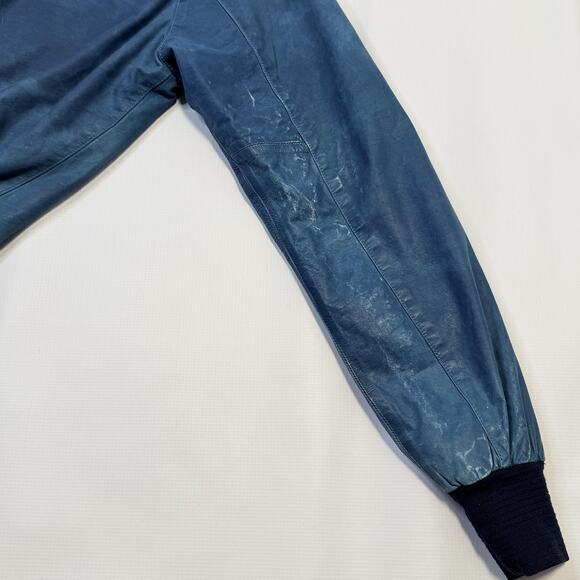 Brogden Track Jacket Mens Large Blue Leather Bomber Raglan Two-Way Zip Rib Knit - Picture 8 of 16